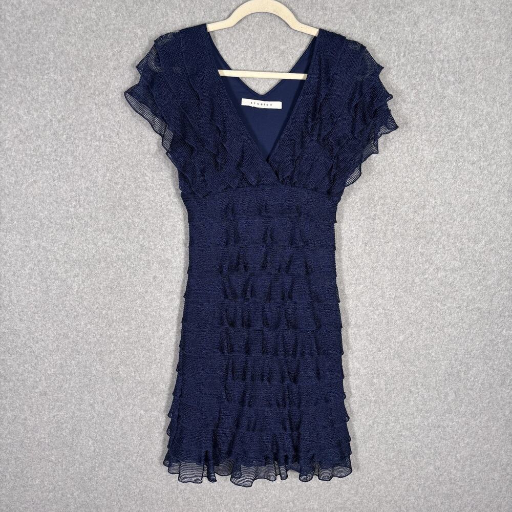 Studio M Dress Medium Navy Knit Crochet Ruffle Tiered Layered Fairy 90s Romantic